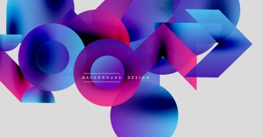 Soyut geometrik şekiller örtüşüyor, canlı renk eğimleri yaratıyor. Modern tasarım gri arka planda mavi, mor, pembe renklere sahiptir..