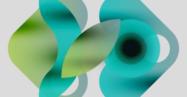 Üstüste binen şeffaf şekilleri içeren soyut bileşim. Renkler yeşilden yeşile karışıp sıvı formlar oluşturur. Minimalist tasarım, yumuşak eğimler.