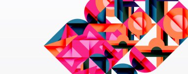 Soyut geometrik bileşim. Şekiller örtüşüyor, dinamik görsel ilgi yaratıyor. Pembe, turuncu, deniz mavisi baskın palet. Modern tasarım.