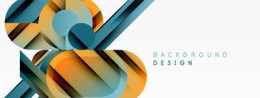 Soyut geometrik şekiller örtüşür, dinamik görsel doku oluşturur. Mavi, altın renkleri temiz beyaz alana hakim. Modern tasarım ögesi.