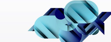 Soyut geometrik şekiller örtüşür, dinamik bileşim yaratır. Mavi renkler baskın, derinlik, hareket, modern tasarım.