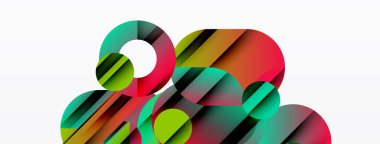 Soyut renkli şekiller örtüşür, dinamik bileşim yaratır. Çemberler, dikdörtgenler harmanlanır, modern görsel deneyim oluşturur.