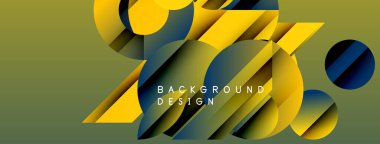 Soyut geometrik şekiller örtüşür, dinamik görsel efekt yaratır. Sarı, mavi, yeşil renkler kompozisyona hakim. Modern tasarım ögesi.