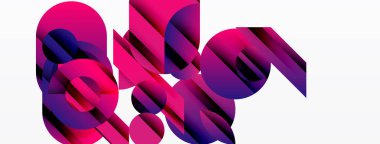 Soyut geometrik şekiller, canlı pembeler, maviler dinamik kompozisyon oluşturur. Modern tasarım, katmanlı biçimler derinlik ve hareket önerir.