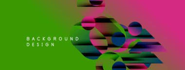 Soyut canlı tasarım, üst üste binen daireler, dikdörtgenler. Gradyan renkler yeşil, pembe, mavi karışımı dinamik görsel efekt yaratır.