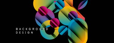 Soyut renkli şekiller örtüşür, dinamik görsel efekt yaratır. Gradyan renkler harmanlanarak modern arkaplan tasarımı oluşturur. Siyah tuval canlı elementleri vurgular.