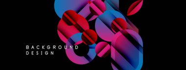 Soyut geometrik şekiller örtüşüyor, canlı renk eğimleri yaratıyor. Tasarım, siyah arka planda mavi, pembe ve kırmızı renklere sahiptir. Modern estetik.