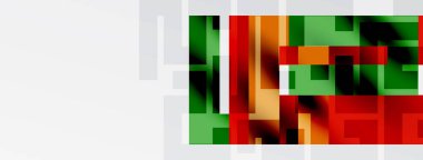 Soyut geometrik şekiller, canlı renkler görüntüye hakim. Dikdörtgenler, kareler modern görsel efekt oluşturur. Yeşil, kırmızı belirgin renkler.