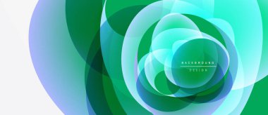 Soyut tasarım katmanlı şeffaf daireler. Yeşil, mavi renkler dinamik görsel efekt yaratır. Modern, minimalist estetik.