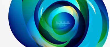 Soyut girdap katmanları, canlı maviler, yeşiller dinamik dairesel tasarım yaratır. Metin, merkez form içinde arkaplan tasarımı okur.