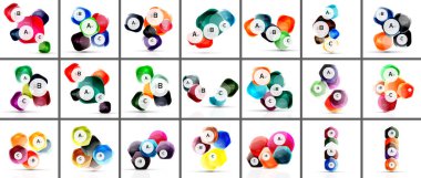 Renkli vektör grafikleri çeşitli dairesel diyagramları betimler. Tasarımlar arasında harflerle etiketlenmiş üst üste binen küreler, modern görsel elementler oluşturuluyor.