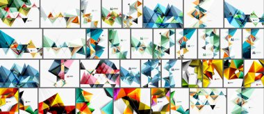 Koleksiyon, canlı geometrik tasarımlar. Birçok üçgen, renkli şekiller, soyut desenler her kareyi doldurur. Modern, dinamik görsel öğeler.