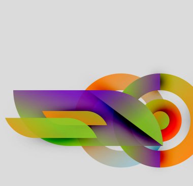 Soyut renkli şekiller örtüşür, dinamik görsel efekt yaratır. Parlak renkler harmanlanır, modern kompozisyonu oluşturur.