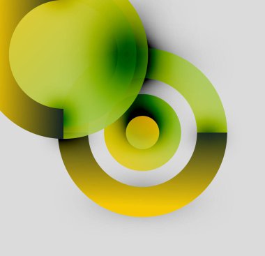 Üst üste binen daireler, gradyanlar içeren soyut kompozisyon. Sarılar, yeşiller tarafsız bir arkaplan. Modern tasarım elemanları.