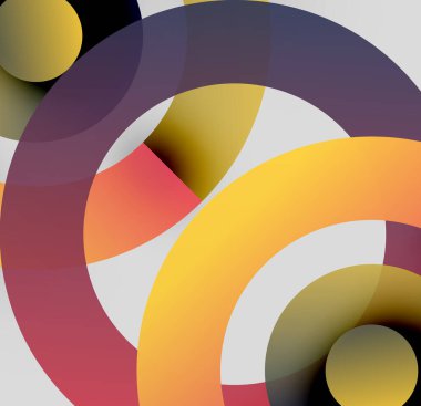 Üst üste binen daireler, gradyanlar içeren soyut kompozisyon. Sıcak, serin tonlar dinamik görsel ilgi yaratır. Minimalist tasarım.