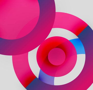 Soyut daireler örtüşüyor, canlı renk eğimleri yaratıyor. Pembe, kırmızı, mavi renkler kompozisyona hakim. Modern tasarım elemanları.