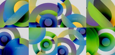 Soyut renkli çakışan daireler dinamik görsel desenler oluşturur. Gradyan renkler kusursuz bir şekilde harmanlanarak modern tasarımlar oluşturur..