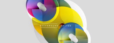 Soyut renkli şekiller örtüşür, dinamik görsel akış yaratır. Beyaz silindirler derinlik ekler, arkaplan metni arkaplan tasarımı okur.