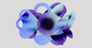 Soyut kompozisyon. Üstüste binen yarı saydam şekiller çiçek izi oluşturur. Mavi, mor renkler nötr arkaplana hakim. Yumuşak eğimler mevcut.