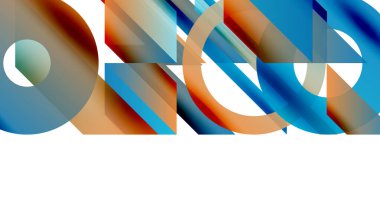 Soyut geometrik şekiller çakışıyor, renkli desenler yaratıyor. Mavi, turuncu renkler kompozisyona hakim. Minimalist tasarım, modern estetik.