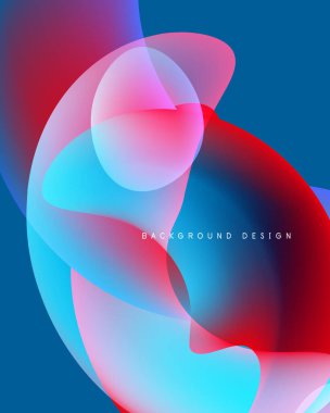 Soyut sıvı şekilleri örtüşür, canlı renk karışımları yaratır. Mavi, kırmızı, pembe renkler tasarımda baskın. Yumuşak eğimler hareketi önerir.