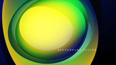 Soyut dairesel katmanlar, canlı renkler karışımı. Sarı merkez dışa doğru ışıldar, yeşil, mavi renkler koyu arkaplana hakim olur. Modern tasarım ögesi.