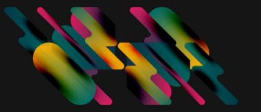 Soyut renkli şekiller örtüşür, dinamik görsel efekt yaratır. Gradyanlar renkleri harmanlayıp modern kompozisyon oluştururlar. Koyu arkaplan canlı formları vurgular.