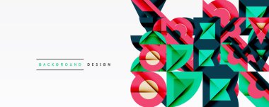 Soyut geometrik şekiller, canlı renkler, modern tasarım. Beyaz boşluklu minimalist kompozisyon, dinamik görsel elementler.