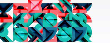 Soyut geometrik şekiller çakışıyor, canlı desenler yaratıyor. Teal, kırmızı, donanma baskın bileşim. Modern tasarım, mevcut temiz çizgiler.