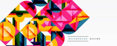 Soyut geometrik şekiller, canlı renkler, modern tasarım. Kompozisyonda üçgenler, daireler, kareler, üst üste binen formlar var. Arkaplan dijital sanat yaratılmasını öneriyor.