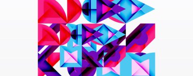 Soyut geometrik şekiller, canlı renkler, pembeler, maviler, morlar dinamik bileşim oluşturur. Modern tasarım, dijital resimleme.