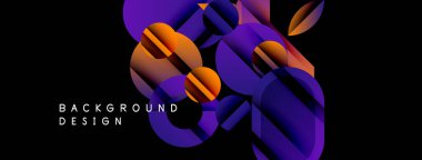 Soyut geometrik şekiller örtüşür, canlı bir değişim etkisi yaratır. Mor, turuncu renkler siyah arkaplana hakim. Modern tasarım ögesi.