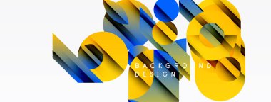 Soyut geometrik şekiller örtüşür, dinamik renkli arkaplan oluşturur. Sarı, mavi, yeşil renkler kompozisyona hakim. Modern tasarım ögesi.