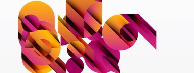 Üst üste binen renkli şekiller içeren soyut bir kompozisyon. Renkler turuncudan mora dönüşüyor. Minimalist tasarım, modern estetik.