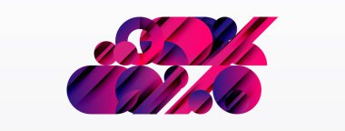 Soyut tasarım özellikleri üst üste gelen pembe, mor şekiller yüzde işareti oluşturuyor. Modern, enerjik estetik. Basit arkaplan.
