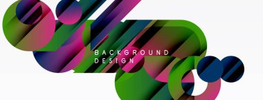 Soyut renkli şekiller örtüşüyor ve dinamik bir zemin oluşturuyor. Yeşil, mor, mavi renkler modern estetik sunarak tasarıma hükmediyor.
