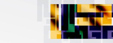 Soyut geometrik şekiller, canlı renkler, modern tasarım. Kompozisyonda dikdörtgenler, kareler, gradyanlar, doku bulunur. Minimalist estetik.