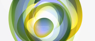 Soyut tasarım katmanlı daireler içerir. Renkler karışımı, yeşiller, maviler. Modern estetik, temiz hatlar, basit kompozisyon. Arkaplan ögesi.