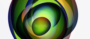 Soyut renkli katmanlar dinamik girdap etkisi yaratır. Modern tasarım, gradyanlar, eğriler, metin örtüşmeleri içerir. Görsel olarak çekici bileşim.