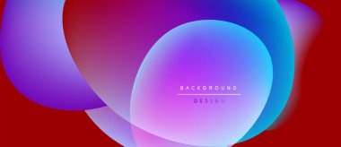 Soyut sıvı şekilleri örtüşür ve canlı renk değişimleri yaratır. Kırmızı arkaplan karşıtlık sağlar. Metin arkaplan tasarımı okur.