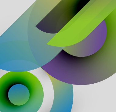 Soyut kompozisyon. Üst üste binen daireler, çizgiler dinamik görsel efekt yaratır. Yeşil, mor, mavi renkler tasarımda baskın. Modern estetik.