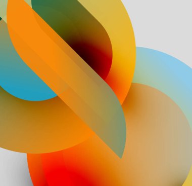 Soyut şekiller örtüşür, canlı renk karışımları yaratır. Yumuşak eğimler hareketi, ışık etkileşimini önerir. Modern tasarım elementleri kompozisyona hakim.