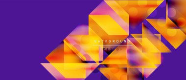 Soyut geometrik şekiller örtüşür, canlı turuncu, sarı ve mor renkler yaratır. Arkaplan ve sunumlar için modern tasarım ögesi.