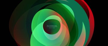 Soyut katmanlı şekiller dinamik görsel efekt yaratır. Yeşil, kırmızı, sarı renkler harmanlanarak dairesel desen oluşturuyor. Modern tasarım ögesi.