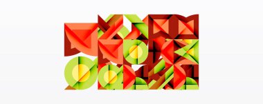 Soyut geometrik şekiller, kırmızı, yeşil, sarı renkler. Kompozisyonda üçgenler, daireler, kareler, üst üste binen formlar var. Modern tasarım.