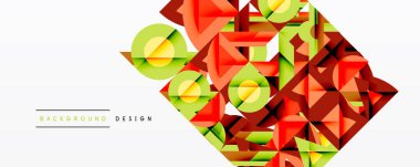 Soyut geometrik şekiller, üçgenler, daireler canlı bir tasarım yaratır. Kırmızı, yeşil, sarı renkler beyaz arkaplana hakim. Modern estetik.