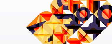 Soyut geometrik bileşim. Şekiller örtüşüyor, dinamik görsel ilgi yaratıyor. Sıcak renkler baskın gelir, koyu tonlarla zıtlaşır. Modern tasarım.