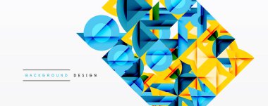 Soyut geometrik şekiller örtüşür, parlak mavi, sarı bir bileşim yaratır. Modern tasarım elementleri dijital sanat, doku öneriyor.