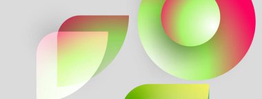 Soyut şekiller örtüşüyor, canlı gradyanlar yaratıyor. Renkler yeşilden pembeye geçerek dinamik bileşim oluşturuyor. Minimalist tasarım.