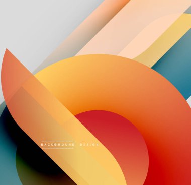 Soyut tasarım özellikleri üst üste binen renkli şekiller. Gradyan renkler dinamik görsel efekt yaratır. Modern kompozisyon, pürüzsüz geçişler.